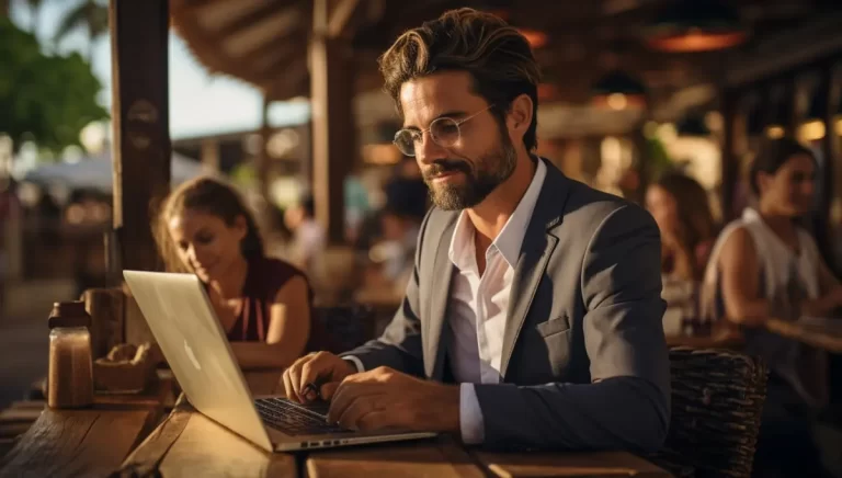 A businessman working on his laptop at an outdoor cafe
